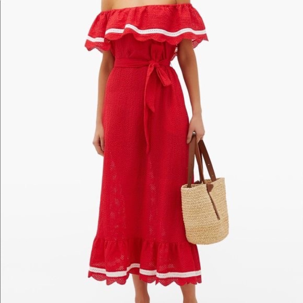 Mrysia Lemnos Belted Off-the-shoulder Perforated Dress in red